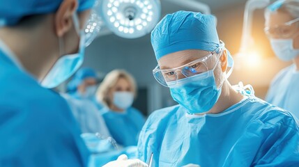 Focused surgeon performing an intricate procedure in a modern operating room, showcasing teamwork and professionalism.