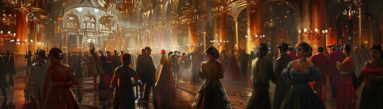 An elaborate masquerade ball in an opulent otherworldly palace