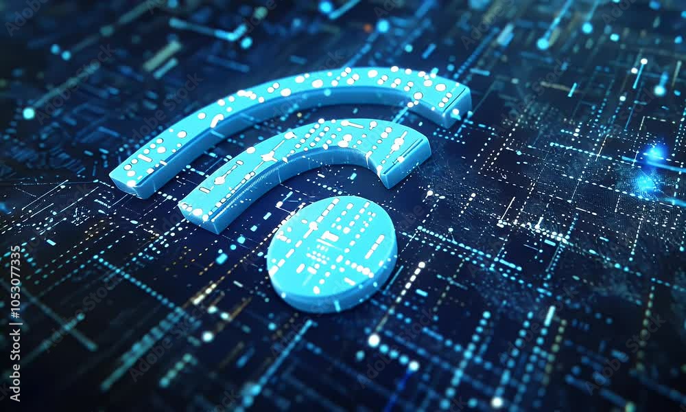 Sticker 3d render of a blue connection symbol on a digital background, a technology concept with a wireless 