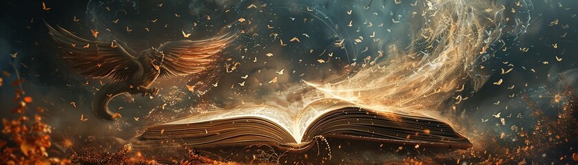 Obraz premium An enchanted book opening to release a whirlwind of letters and symbols