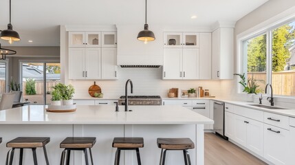 Fototapeta premium A modern kitchen featuring white cabinets, a central island with stools, and large windows that bring in natural light.