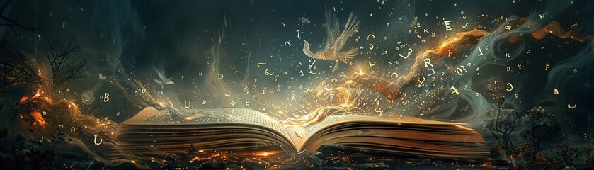 Obraz premium An enchanted book opening to release a whirlwind of letters and symbols