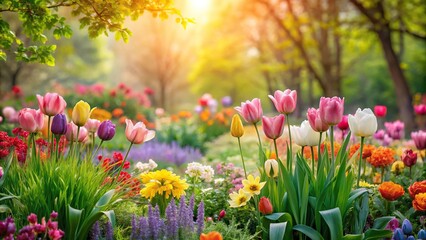 Fototapeta premium A blooming garden with vibrant flowers and lush greenery against a soft pastel-colored spring background, flowers, greenery, spring, serene landscape