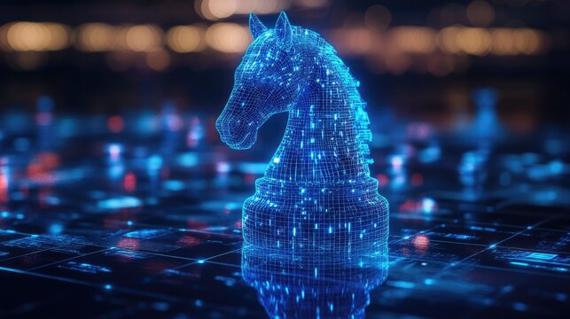 A glowing blue digital knight chess piece on a dark background with blurred lights.