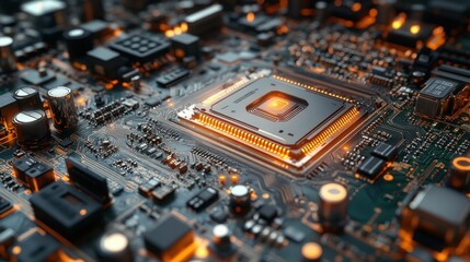 Close-up of a computer circuit board with glowing components.