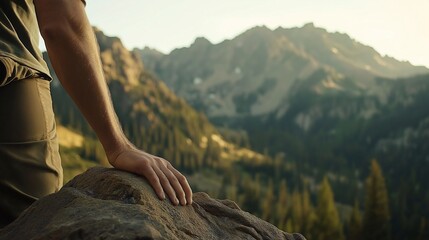 Naklejka premium Hand on Rocky Mountain Face During Sunset Hike
