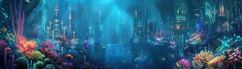 Obraz premium An underwater metropolis illuminated by bioluminescent plants and creatures