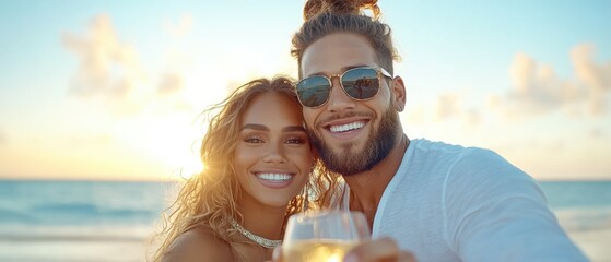 Happy couple enjoying a beach sunset, toasting with drinks and capturing joyful moments in a vibrant tropical paradise.