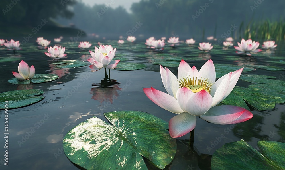 Poster A serene pond with blooming water lilies, their white petals with pink edges,  floating on the surface. The surrounding forest is obscured by a gentle mist, creating a magical ambiance.