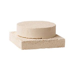 Selective focus.top sandstone product display platform in white color background.copy space