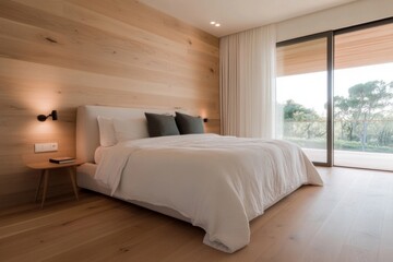 Fototapeta premium Modern minimalist bedroom with large window overlooking nature