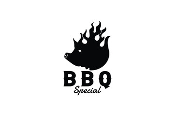 Vintage hipster Grill Barbeque pig pork icon on fire flame logo design vector illustration