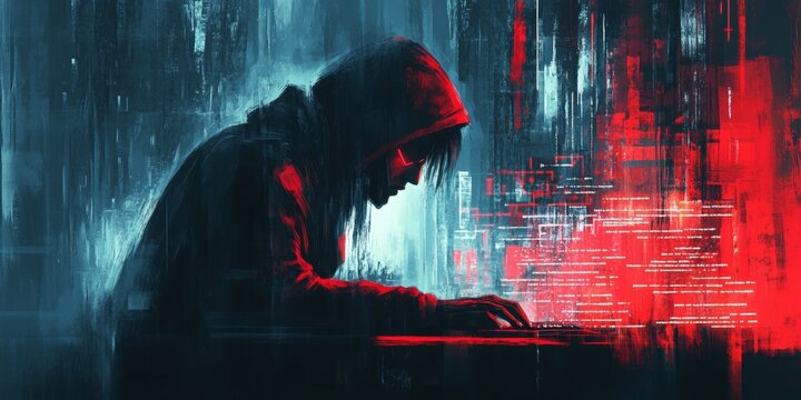 Hacker in Hoodie, digital artwork depicting a focused individual coding intensely, with cascading lines of code symbolizing a cyber attack