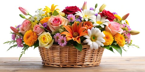 A bouquet of colorful flowers including roses, lilies, and daisies in a wicker basket, summer, flowers