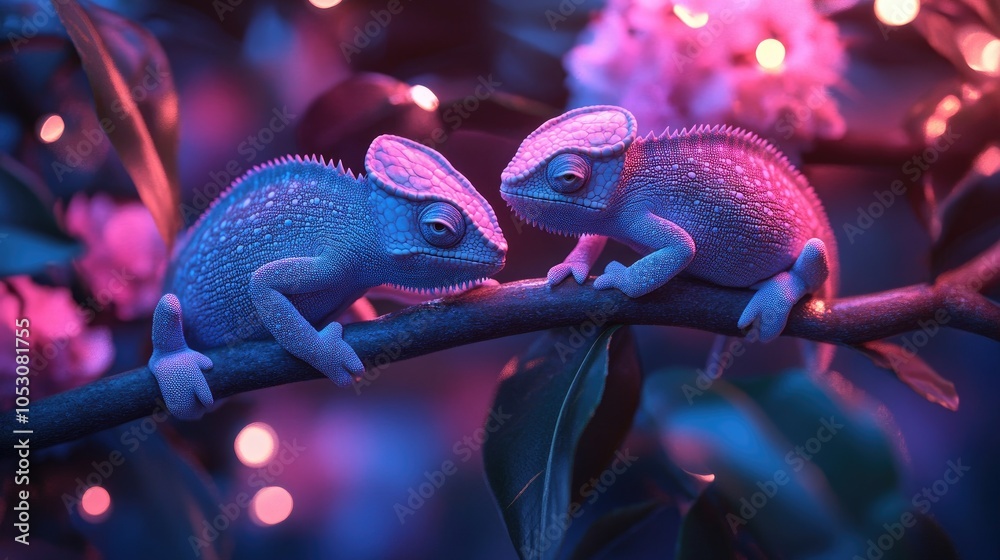 Wall mural two chameleons perched on a branch with a pink and blue bokeh background.