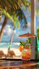 Obraz premium Closeup of a 3D model of a tropical cocktail with an umbrella on a beach bar counter