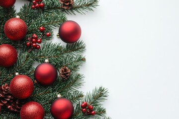 Obraz premium Christmas composition with red ball garland and fir branches.