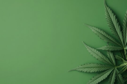Cannabis leaf creating copy space on green background