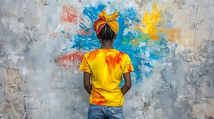 Obraz premium Vibrant youth portrait against a colorful backdrop highlighting creativity and cultural expression