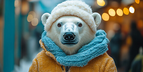 A charming portrait of a polar bear in a cozy winter outfit against a pastel blue background, ideal for winter promotions, holiday cards, and eco-friendly campaigns.