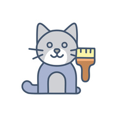 Cat with her brush flat color icon. Isolated vector illustration.