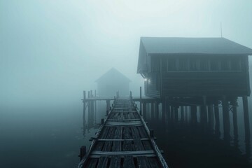 Foggy Abandoned Harbor Village with Wooden Pier.generative AI
