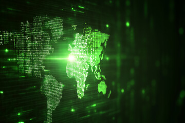 Obraz premium A green-lit binary world map showcases digital transformation and global connectivity