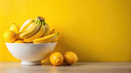 A bowl of vibrant yellow fruit such as bananas or lemons on a white table in front of a plain...