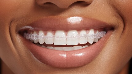 Obraz premium A close-up of a smiling mouth showcasing straight, bright teeth with clear braces, highlighting dental aesthetics and care.