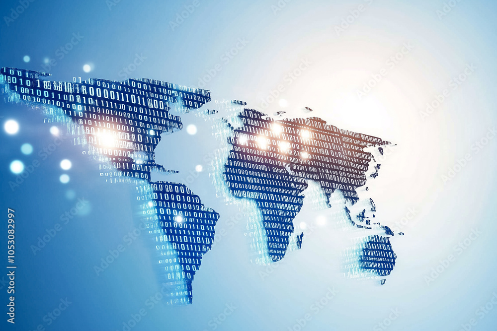 Poster an abstract world map created from binary code highlights themes of technology and international con