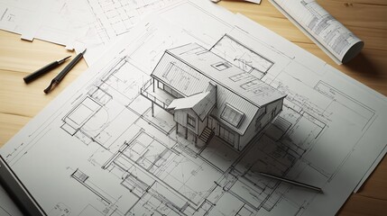 Architectural Model of a House on Blueprint