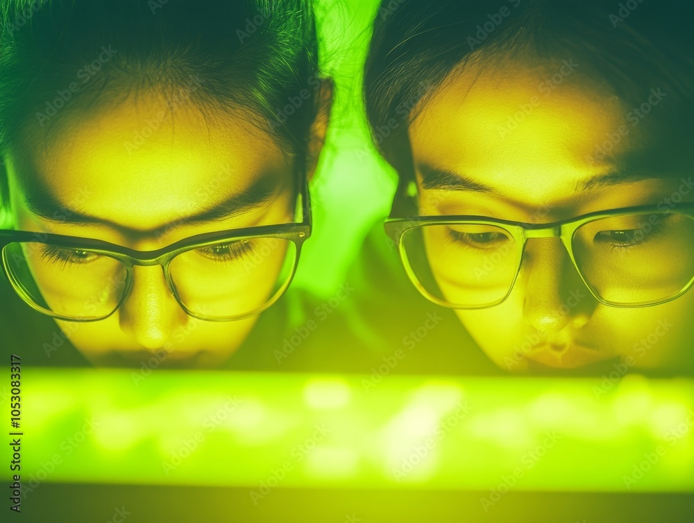 Aufkleber Young Asian Scientists Analyzing Data in High-Tech Laboratory, Focusing on Space Exploration and Teamwork