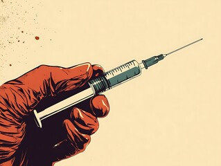 Gloved hand holding a filled syringe at an angle, poised to inject, isolated against a warm beige background with open space for informational text,
