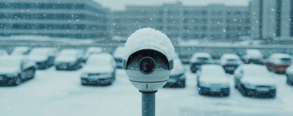 A snowy landscape features a security camera positioned in a parking lot, capturing the serene yet cold atmosphere of winter.