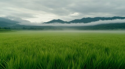 Fototapeta premium Majestic mountains and lush green grass field landscape background green
