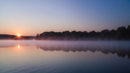Obraz premium A tranquil lake at dawn with mist rising softly from the water, glowing golden as the sun begins to rise. The sky shifts from deep blue to soft pinks, and the lake reflects every color 