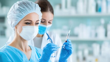 Fototapeta premium Medical professionals prepare a vaccine in a sterile environment, ensuring safety and precision for patient care.