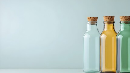 Sustainable Glass Milk Bottles with Cork Stoppers on Soft Pastel Background