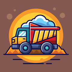 Naklejka premium A colorful cartoon dump truck with a cloud of dust behind it. 