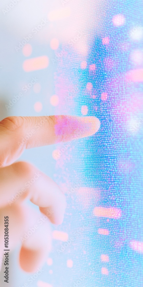 Poster Hand Interacting with Digital Interface, Bright Display of Data in Modern Technological Design