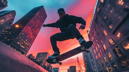 Skater posing in sunset evening on city street. Stylish hipster man with longboard ride near road on buildings background. Portrait of sport male model in urban style. Traveler. Tourist. 