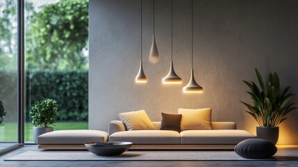 A modern living room featuring a stylish sofa, pendant lights, and a green outdoor view through a large glass window.
