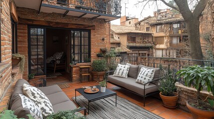 Obraz premium Outdoor Patio with Brick Wall, Couch, and Plants