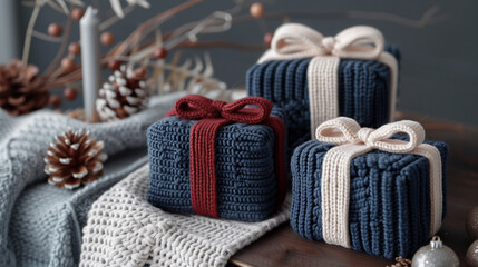 Knitted rustic farmhouse knitter gift boxes navy blue ivory burgundy cozy pinecones handmade winter soft decor flatlay christmas warm banner copyspace handmade yarn knitting craft wool shop wrapping