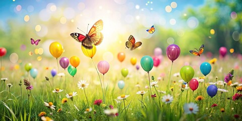 A bunch of balloons scattered all over the ground in a meadow with flowers and butterflies flying around them, scenic, balloons in the clouds
