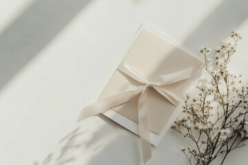 white wedding invitation with ribbon