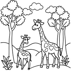 Fototapeta premium Giraffe kids in jungle coloring page vector art illustration coloring book design 