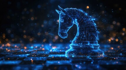 A knight chess piece rendered in a digital, wireframe style, illuminated in a blue hue, with a glowing, bokeh background.