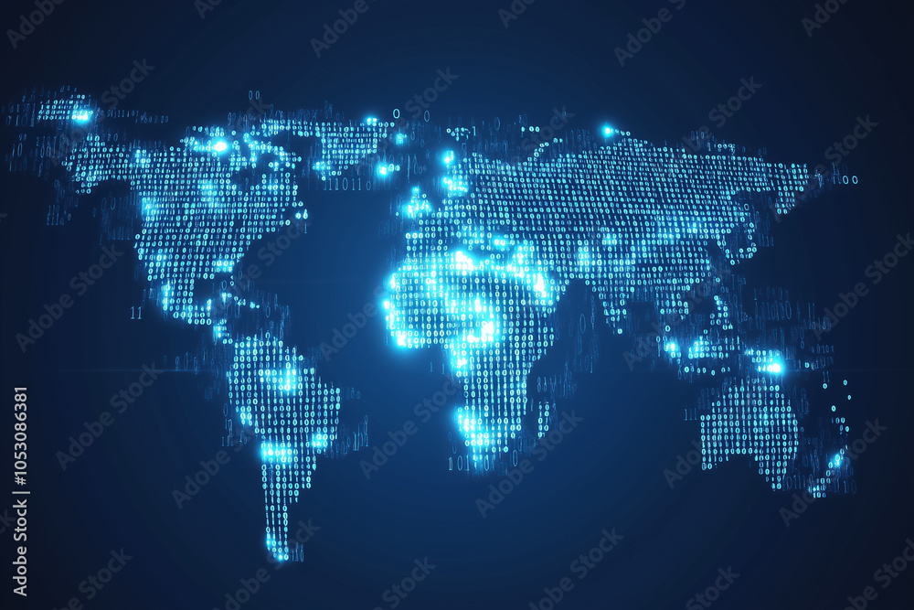 Poster the artwork features a world map illuminated by bright binary code elements against a dark backdrop