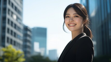 Fototapeta premium A Japanese professional woman with a warm, inviting gaze and a captivating smile, dressed in a sleek black suit with flowing black hair, set against a modern urban backdrop